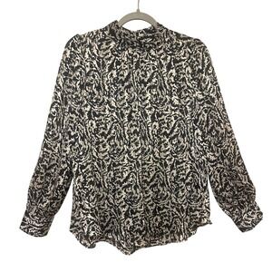 H&M Womens Medium Blouse Black Beige‎ Abstract Print Long Sleeve Button Up Top